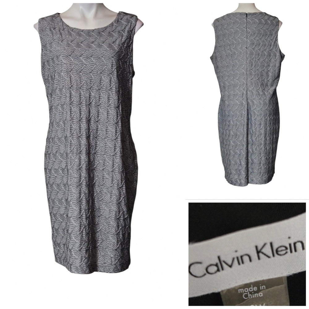 Calvin Klein Womens 18W Black White Geometric Wave Sleeveless Sheath Dress